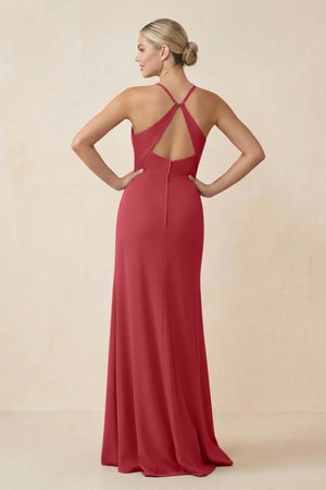 Cami Strap Sheath Ruched Bridesmaid Dress With Slit in Merlot - SHE IS ME Bridesmaid Dresses