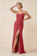 Cami Strap Sheath Ruched Bridesmaid Dress With Slit in Merlot - SHE IS ME Bridesmaid Dresses