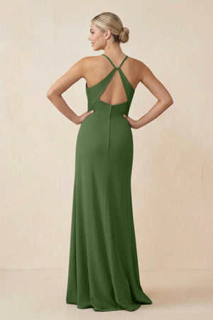 Cami Strap Sheath Ruched Bridesmaid Dress With Slit in Moss - SHE IS ME Bridesmaid Dresses