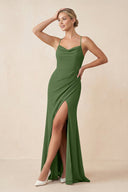 Cami Strap Sheath Ruched Bridesmaid Dress With Slit in Moss - SHE IS ME Bridesmaid Dresses