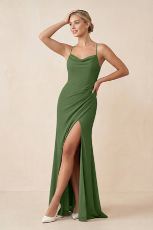 Cami Strap Sheath Ruched Bridesmaid Dress With Slit in Moss - SHE IS ME Bridesmaid Dresses