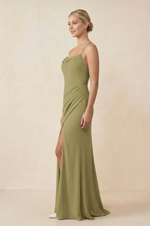 Cami Strap Sheath Ruched Bridesmaid Dress With Slit in Moss Green (3) | KISSBRIDAL
