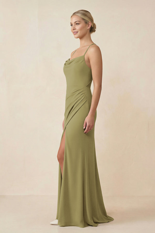 Cami Strap Sheath Ruched Bridesmaid Dress With Slit in Moss Green (3) | KISSBRIDAL