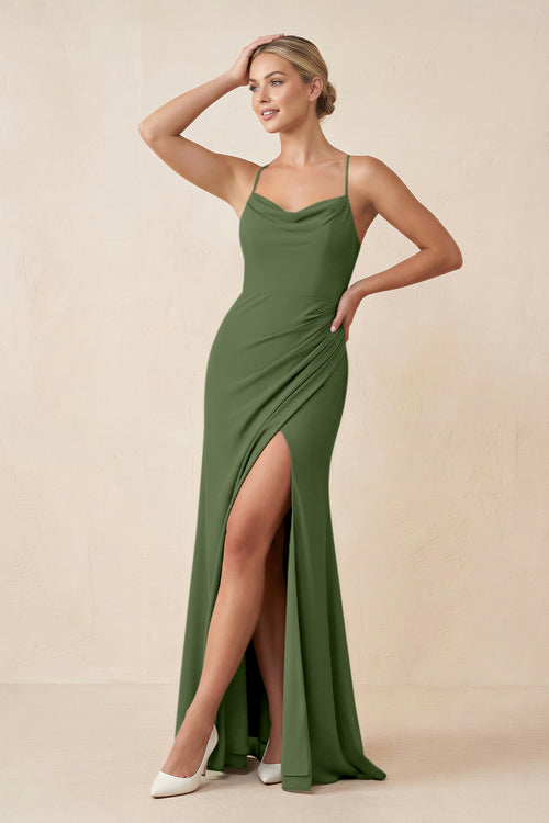 Cami Strap Sheath Ruched Bridesmaid Dress With Slit in Moss | KISSBRIDAL