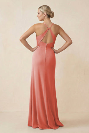 Cami Strap Sheath Ruched Bridesmaid Dress With Slit in Mulberry - SHE IS ME Bridesmaid Dresses