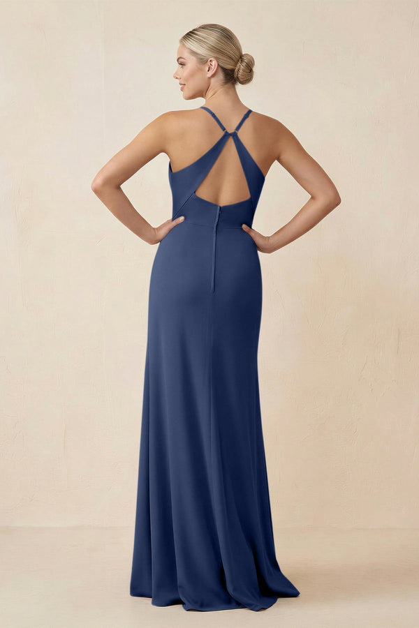 Cami Strap Sheath Ruched Bridesmaid Dress With Slit in Navy - SHE IS ME Bridesmaid Dresses