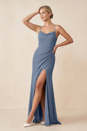 Cami Strap Sheath Ruched Bridesmaid Dress With Slit in Neptune - SHE IS ME Bridesmaid Dresses