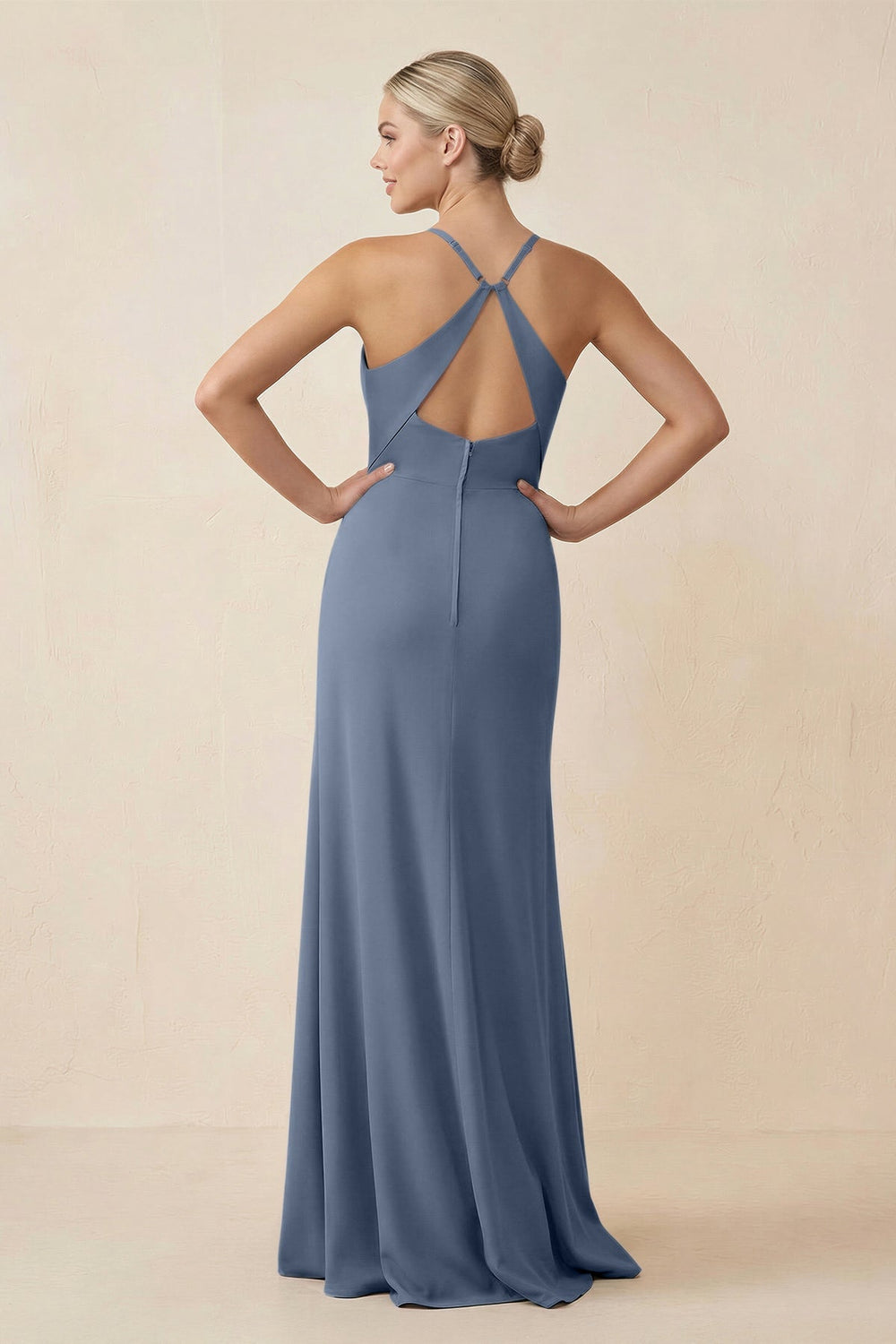 Cami Strap Sheath Ruched Bridesmaid Dress With Slit in Neptune - KISS BRIDAL Bridesmaid Dresses