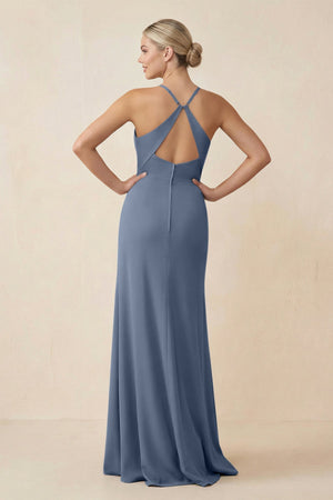 Cami Strap Sheath Ruched Bridesmaid Dress With Slit in Neptune - SHE IS ME Bridesmaid Dresses