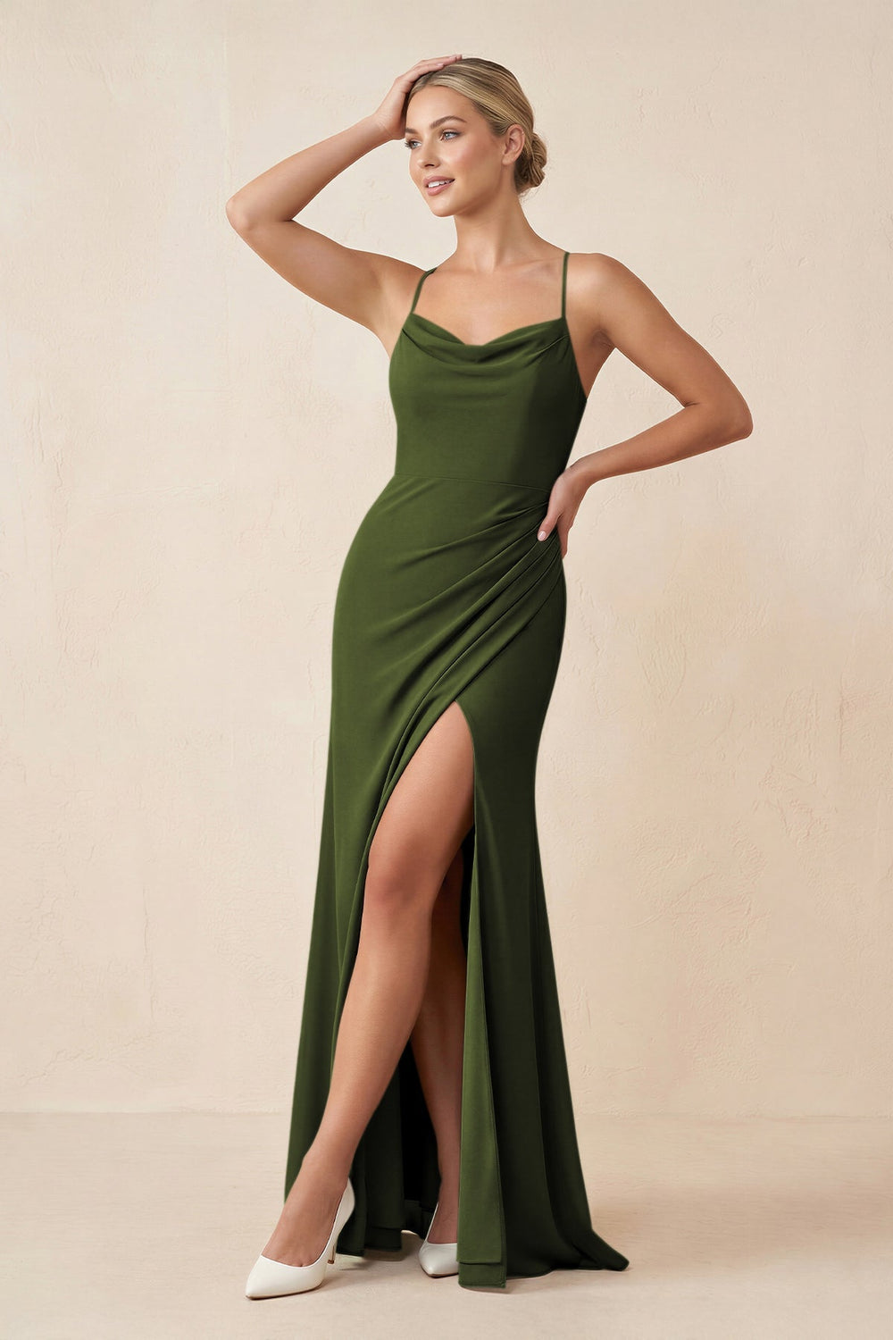 Cami Strap Sheath Ruched Bridesmaid Dress With Slit in Olive - KISS BRIDAL Bridesmaid Dresses