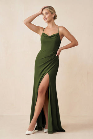 Cami Strap Sheath Ruched Bridesmaid Dress With Slit in Olive - SHE IS ME Bridesmaid Dresses