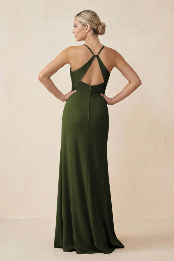 Cami Strap Sheath Ruched Bridesmaid Dress With Slit in Olive - SHE IS ME Bridesmaid Dresses