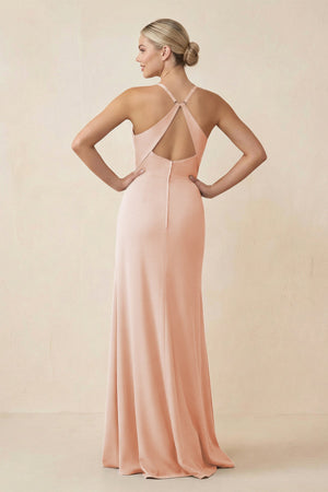 Cami Strap Sheath Ruched Bridesmaid Dress With Slit in Pale Blush - SHE IS ME Bridesmaid Dresses