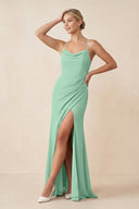 Cami Strap Sheath Ruched Bridesmaid Dress With Slit in Pale Pistachio - SHE IS ME Bridesmaid Dresses