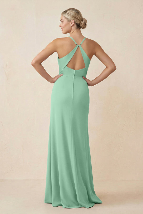 Cami Strap Sheath Ruched Bridesmaid Dress With Slit in Pale Pistachio - SHE IS ME Bridesmaid Dresses