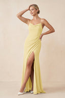 Cami Strap Sheath Ruched Bridesmaid Dress With Slit in Pastel Yellow - SHE IS ME Bridesmaid Dresses
