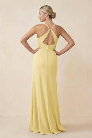 Cami Strap Sheath Ruched Bridesmaid Dress With Slit in Pastel Yellow - SHE IS ME Bridesmaid Dresses