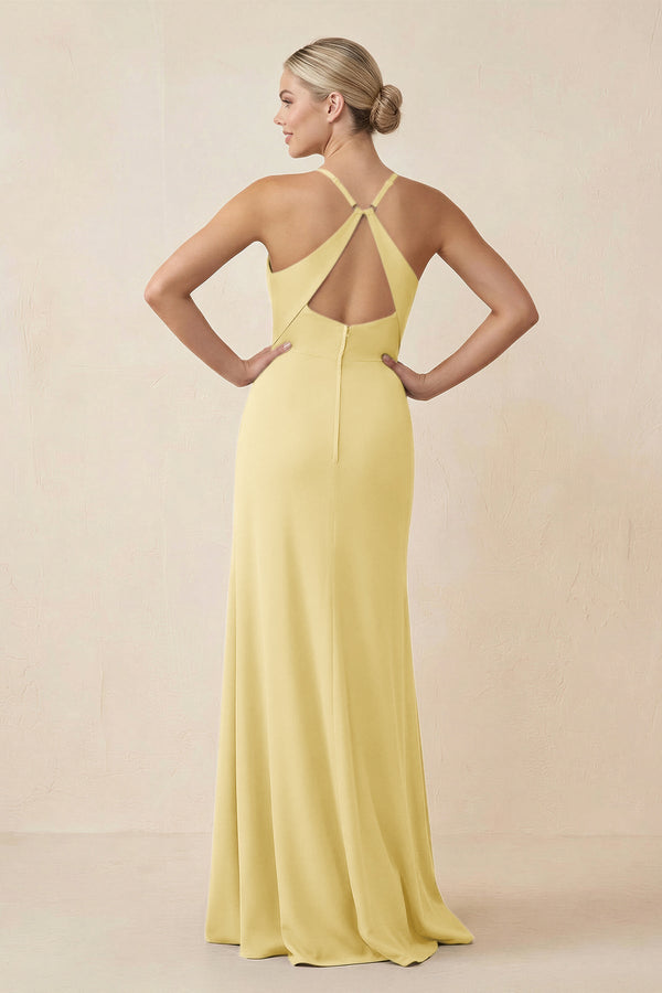 Cami Strap Sheath Ruched Bridesmaid Dress With Slit in Pastel Yellow - SHE IS ME Bridesmaid Dresses
