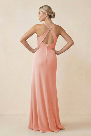 Cami Strap Sheath Ruched Bridesmaid Dress With Slit in Rose Petal - SHE IS ME Bridesmaid Dresses