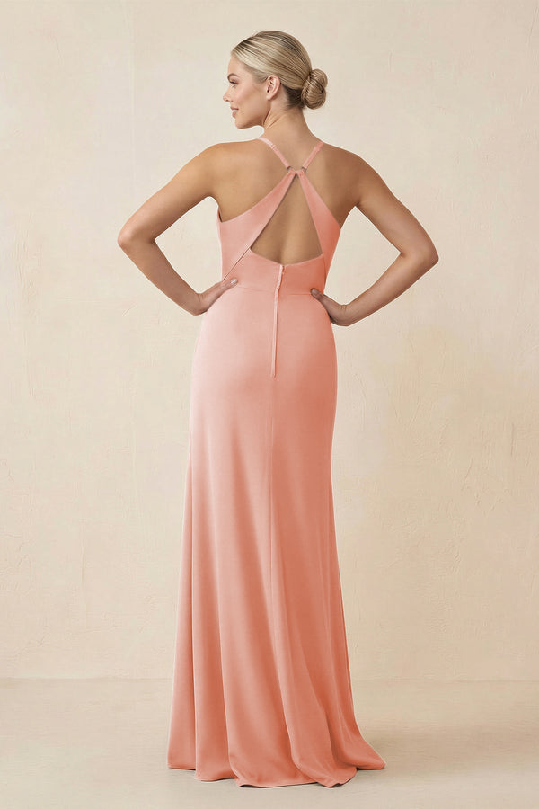 Cami Strap Sheath Ruched Bridesmaid Dress With Slit in Rose Petal - SHE IS ME Bridesmaid Dresses