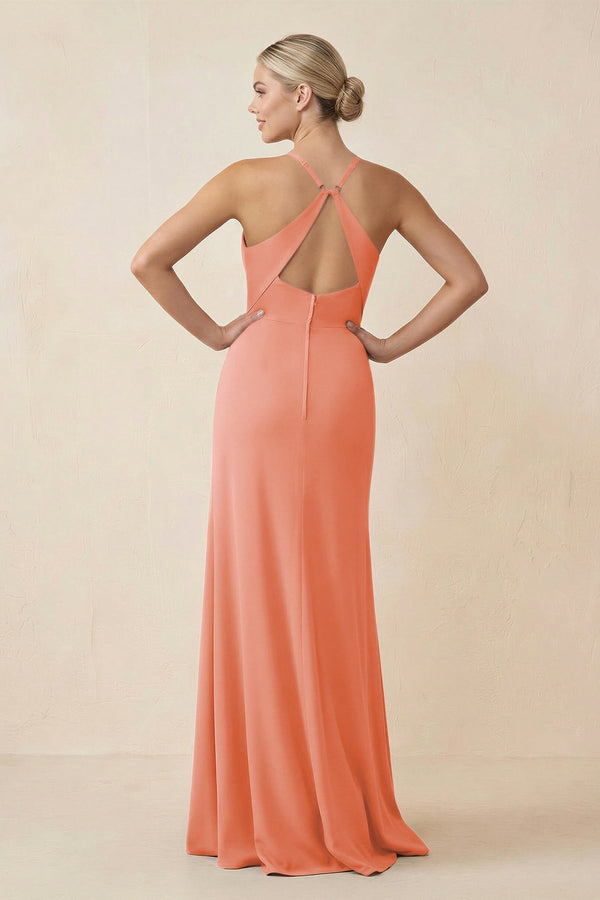 Cami Strap Sheath Ruched Bridesmaid Dress With Slit in Rosette - SHE IS ME Bridesmaid Dresses