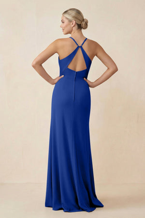 Cami Strap Sheath Ruched Bridesmaid Dress With Slit in Royal Blue - SHE IS ME Bridesmaid Dresses