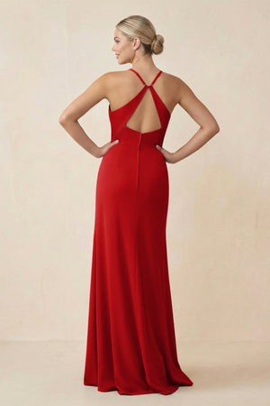 Cami Strap Sheath Ruched Bridesmaid Dress With Slit in Ruby Red - SHE IS ME Bridesmaid Dresses