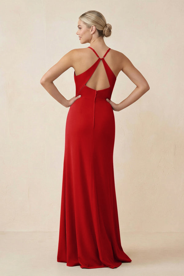 Cami Strap Sheath Ruched Bridesmaid Dress With Slit in Ruby Red - SHE IS ME Bridesmaid Dresses