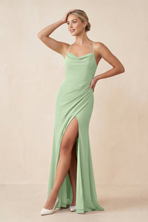 Cami Strap Sheath Ruched Bridesmaid Dress With Slit in Sage - SHE IS ME Bridesmaid Dresses