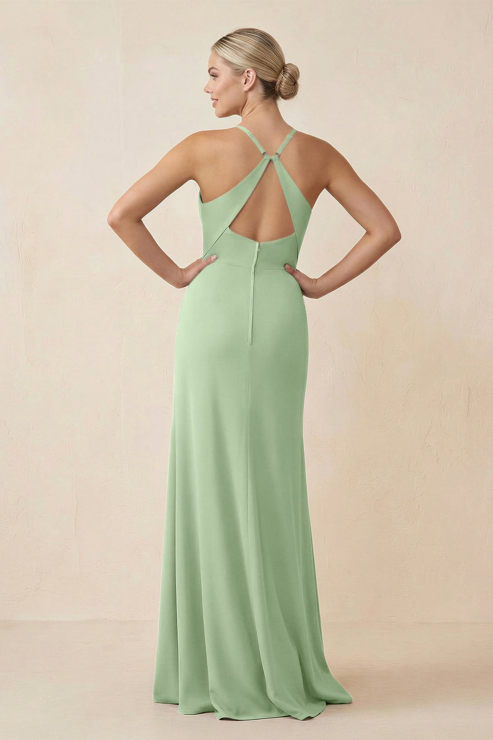 Cami Strap Sheath Ruched Bridesmaid Dress With Slit in Sage - KISS BRIDAL Bridesmaid Dresses