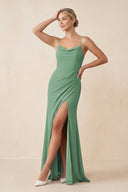 Cami Strap Sheath Ruched Bridesmaid Dress With Slit in Sea Glass - SHE IS ME Bridesmaid Dresses