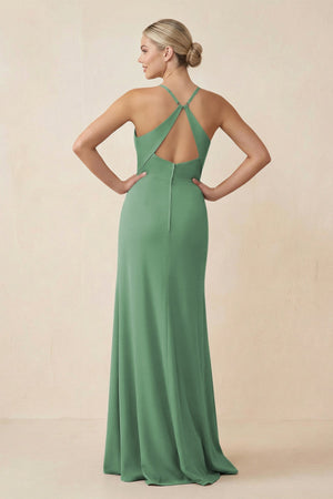 Cami Strap Sheath Ruched Bridesmaid Dress With Slit in Sea Glass - SHE IS ME Bridesmaid Dresses