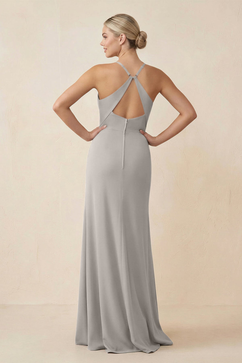 Cami Strap Sheath Ruched Bridesmaid Dress With Slit in Silver - KISS BRIDAL Bridesmaid Dresses