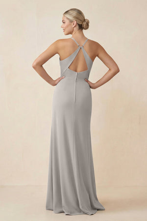 Cami Strap Sheath Ruched Bridesmaid Dress With Slit in Silver - SHE IS ME Bridesmaid Dresses