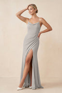 Cami Strap Sheath Ruched Bridesmaid Dress With Slit in Silver - SHE IS ME Bridesmaid Dresses