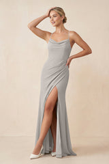 Cami Strap Sheath Ruched Bridesmaid Dress With Slit in Silver - KISS BRIDAL Bridesmaid Dresses