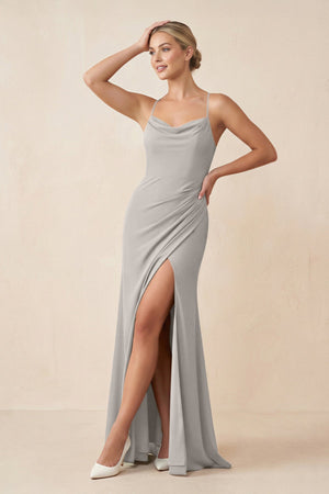 Cami Strap Sheath Ruched Bridesmaid Dress With Slit in Silver - SHE IS ME Bridesmaid Dresses