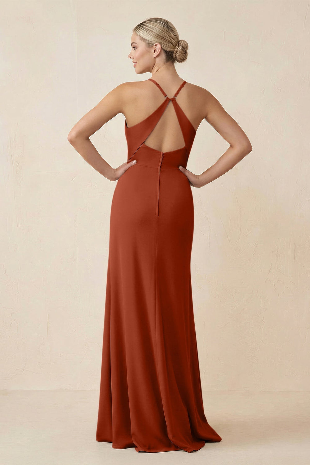 Cami Strap Sheath Ruched Bridesmaid Dress With Slit in Spice - KISS BRIDAL Bridesmaid Dresses