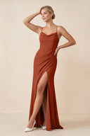 Cami Strap Sheath Ruched Bridesmaid Dress With Slit in Spice - SHE IS ME Bridesmaid Dresses