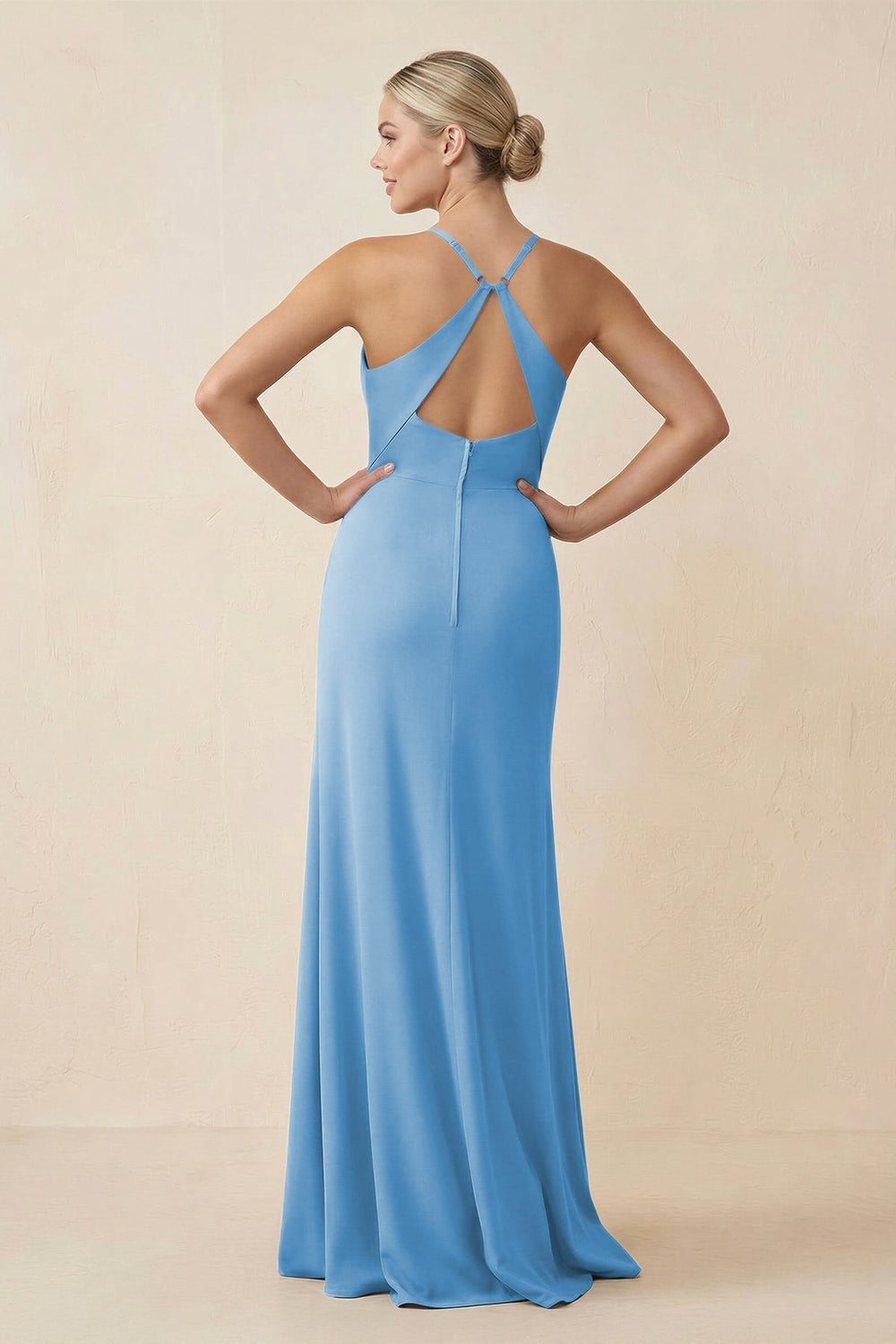 Cami Strap Sheath Ruched Bridesmaid Dress With Slit in Steel Blue - KISS BRIDAL Bridesmaid Dresses