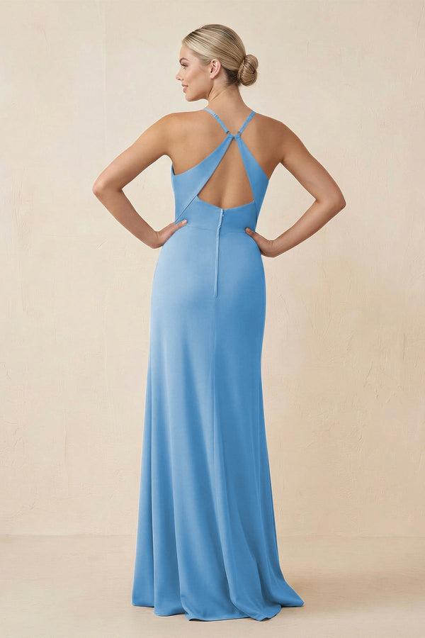 Cami Strap Sheath Ruched Bridesmaid Dress With Slit in Steel Blue - SHE IS ME Bridesmaid Dresses
