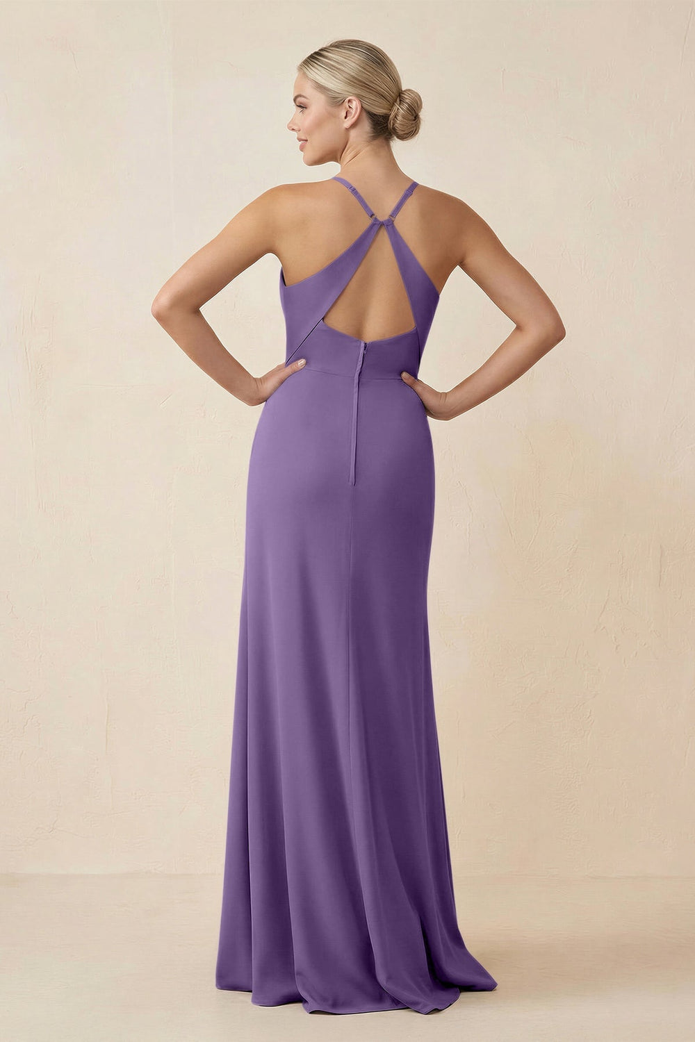 Cami Strap Sheath Ruched Bridesmaid Dress With Slit in Tahiti - KISS BRIDAL Bridesmaid Dresses