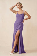 Cami Strap Sheath Ruched Bridesmaid Dress With Slit in Tahiti - SHE IS ME Bridesmaid Dresses