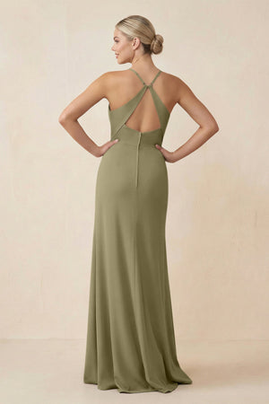 Cami Strap Sheath Ruched Bridesmaid Dress With Slit in Thyme - SHE IS ME Bridesmaid Dresses