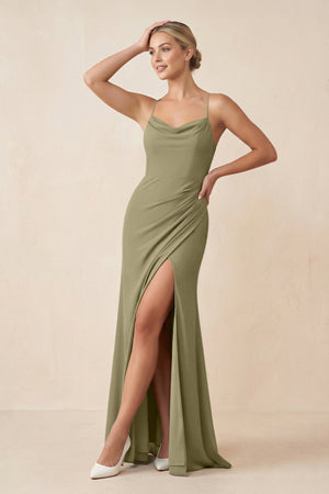 Cami Strap Sheath Ruched Bridesmaid Dress With Slit in Thyme - SHE IS ME Bridesmaid Dresses