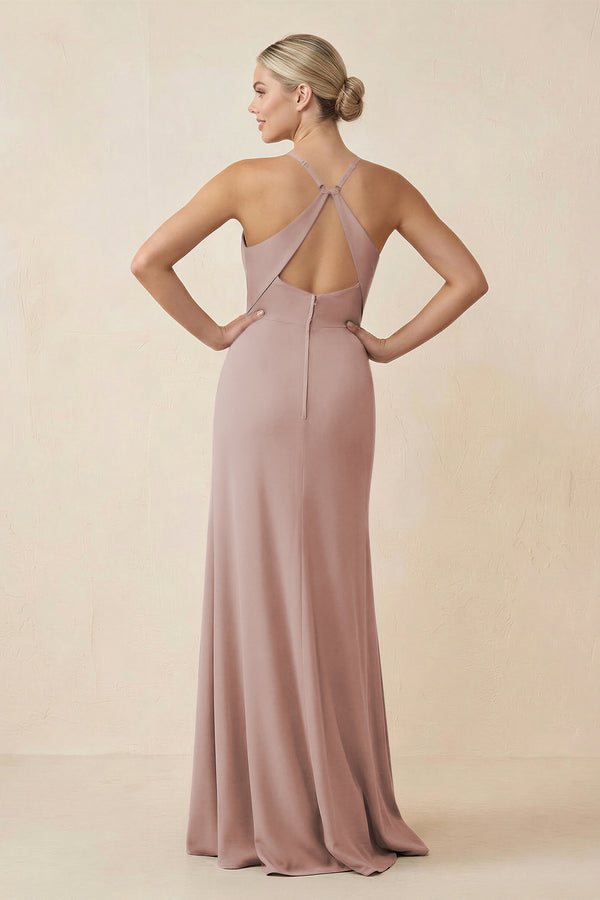 Cami Strap Sheath Ruched Bridesmaid Dress With Slit in Toffee (2) | KISSBRIDAL
