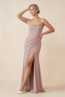 Cami Strap Sheath Ruched Bridesmaid Dress With Slit in Toffee - SHE IS ME Bridesmaid Dresses