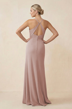 Cami Strap Sheath Ruched Bridesmaid Dress With Slit in Toffee - SHE IS ME Bridesmaid Dresses