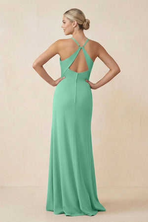 Cami Strap Sheath Ruched Bridesmaid Dress With Slit in Turquoise - SHE IS ME Bridesmaid Dresses
