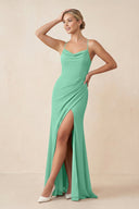 Cami Strap Sheath Ruched Bridesmaid Dress With Slit in Turquoise - SHE IS ME Bridesmaid Dresses